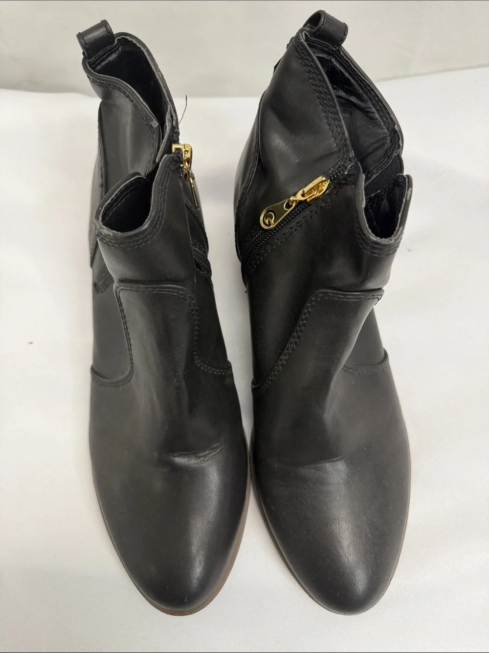 G by Guess Black Leather Ankle Booties with Gold Zip Pull